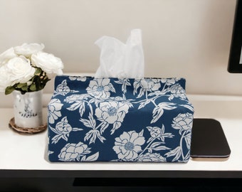 Handmade Indigo Floral Tissue Box Cover: Designer Cotton, Fully Lined