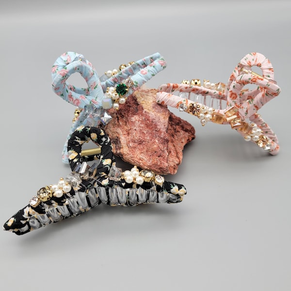 handmade large acrylic claw clip, hand wrapped with fabric, hand beaded embellishments