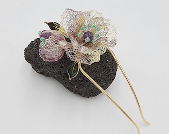 Handmade Copper Wire Poppy Hair Fork with Amethyst Beads