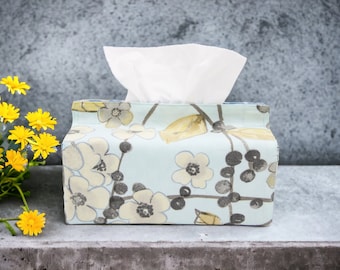 rectangular tissue box cover with full lining, handmade with premium designer cotton fabric, blue floral bird