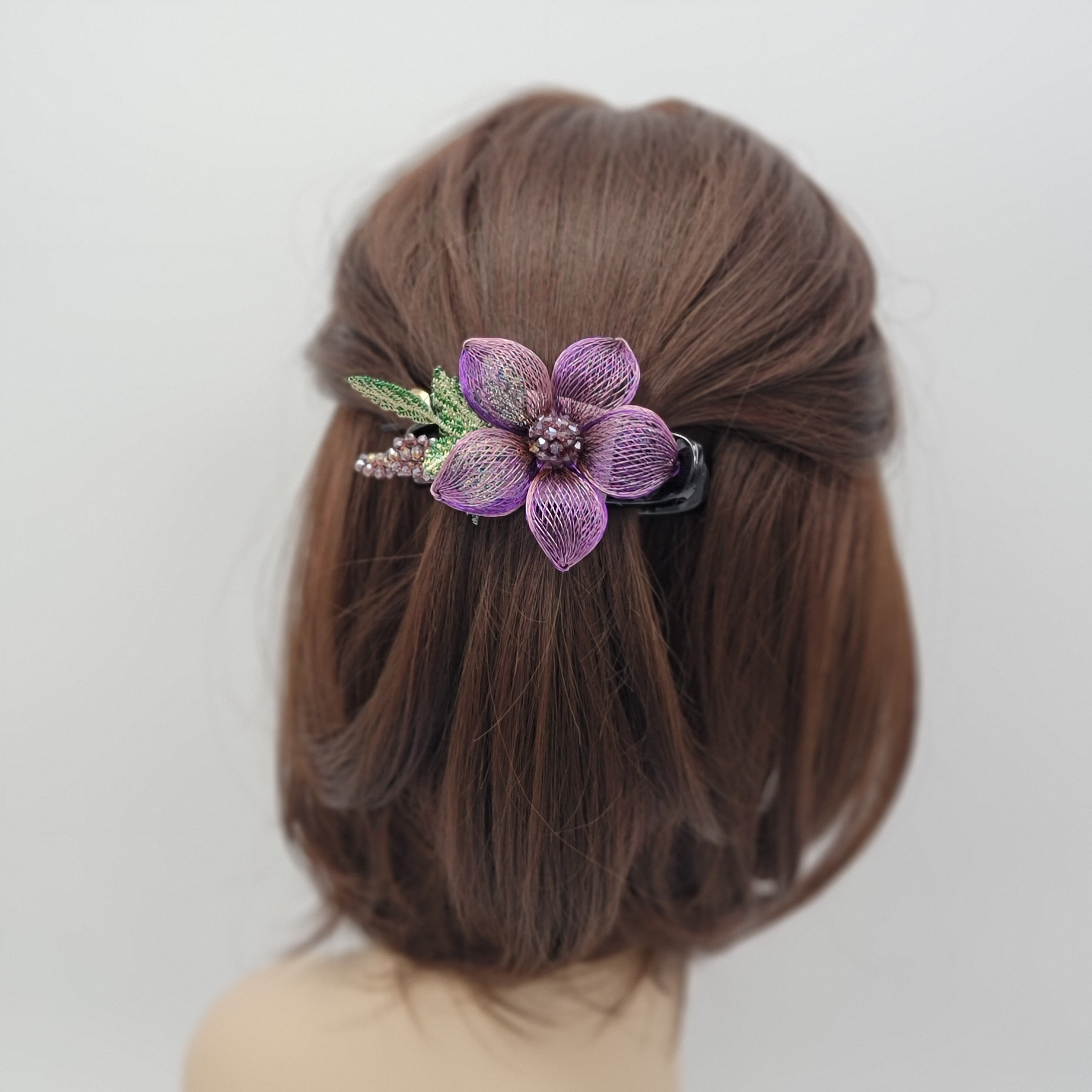 Handmade Pink Beaded Hair Clip As Is 3.5 In Intricate Floral Pattern & Metal Cla Handmade 3D Metal Flower Hair Clip: Beaded Embroidered  main image 3