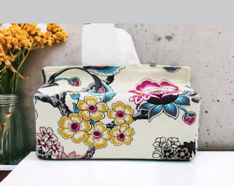 rectangular fabric tissue box cover, handmade with premium jacquard cotton fabric, pink yellow floral prints, fully lined