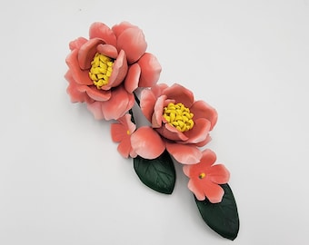 Handmade Leather Flower Bag Charm: Rock's Peony Purse Charm Coral