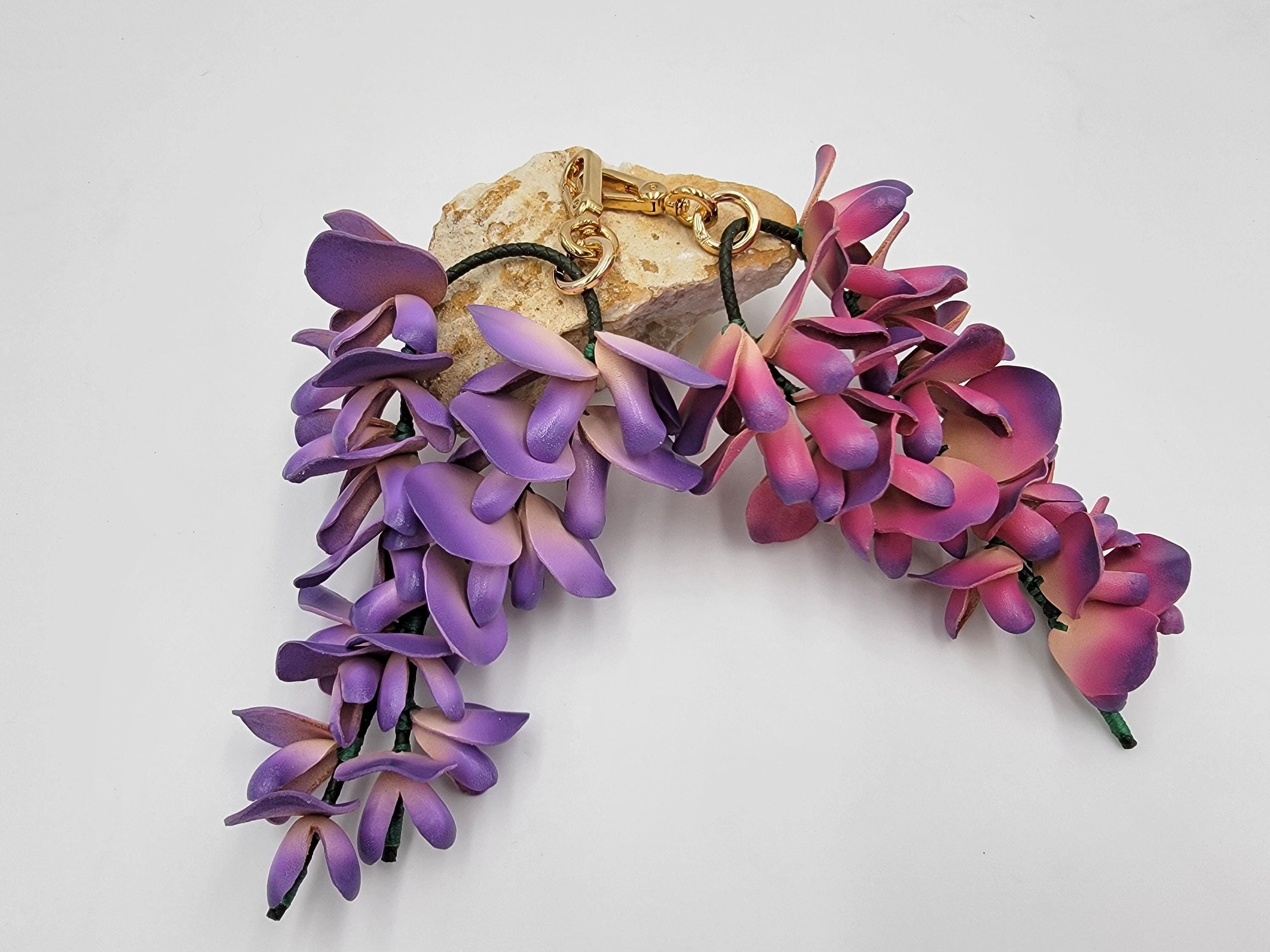 Handmade Leather Wisteria Bag Charm, Hand-painted Purse Keychain