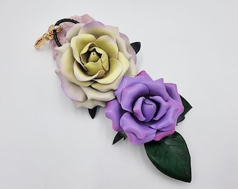 Handmade large Leather Tea Rose Bag Charm: Realistic Anniversary cream Rose Keychain