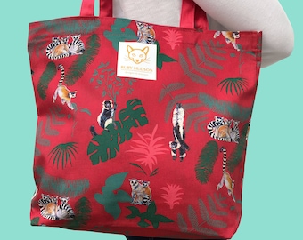 Madagascar Lemurs Red Jungle Safari Animal Cotton Tote Bag