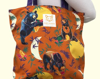 Sun & Moon Bears Orange Jungle Safari Animal Cotton Tote Bag