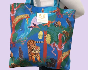 Asian Rainforest Cotton Tote Bag: Handcrafted Jungle Animal Print