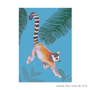 Madagascar Lemur Blue Jungle Safari Animal Art Lege wenskaart A6