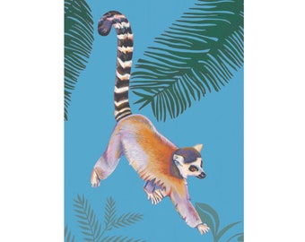 Madagascar Lemur Blue Jungle Safari Animal Art Blank Greeting Card A6