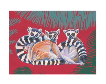 Madagascar Lemurs Red Jungle Safari Animal Art Blank Greeting Card A6