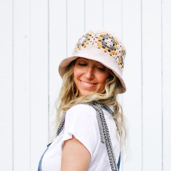 Crochet Pattern / Granny Square Bucket Hat / Packable Sun Hat / Hat With Brim / Join As You Go / Halcyon Bucket Hat Crochet Pattern PDF