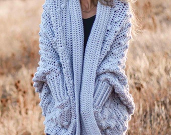 Crochet PATTERN & VIDEO / Crochet Rectangle Cardigan / Bobble Crochet Sweater / Cocoon Cardigan / Chunky / Haven Cardigan Pattern PDF