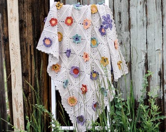 Crochet PATTERN & VIDEO / Crochet Flower Blanket / 3D Flower Motifs Squares / Patchwork Afghan / Gathered Garden Blanket Pattern E-book PDF