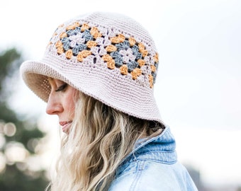 Crochet Pattern / Granny Square Sun Hat / Packable Bucket Hat / Sun Hat With Brim / Join As You Go / Halcyon Bucket Hat Crochet Pattern PDF