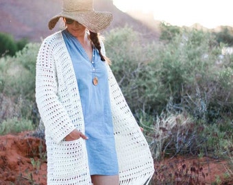 Crochet Pattern / Long Crochet Cardigan / Easy Cardi for Beginners / Boho Cardigan With Fringe / Solstice Sweater Pattern PDF