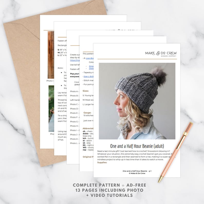 A preview of the 1.5 hour beanie crochet pattern PDF.