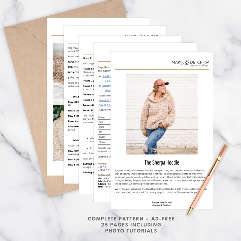 A preview of the Sherpa hoodie crochet pattern PDF.