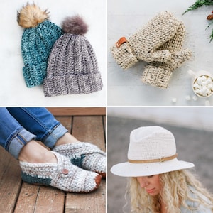 May include: Four crocheted items: a pair of gray and white mittens, a gray and white beanie with a pompom, a white hat with a brown leather band, and a pair of gray and teal slippers.