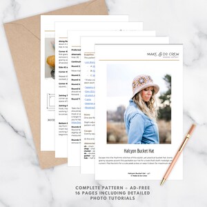 A preview of the Halcyon Bucket hat crochet pattern PDF.