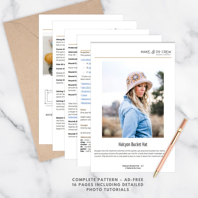 A preview of the Halcyon Bucket hat crochet pattern PDF.