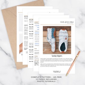 A preview of the Sunday Slippers crochet pattern PDF.