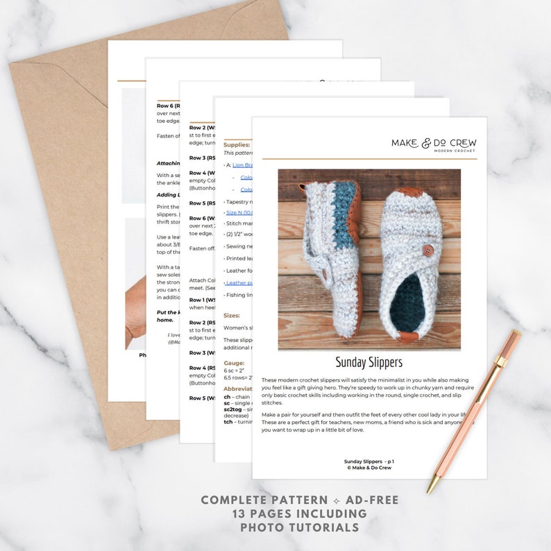 A preview of the Sunday Slippers crochet pattern PDF.
