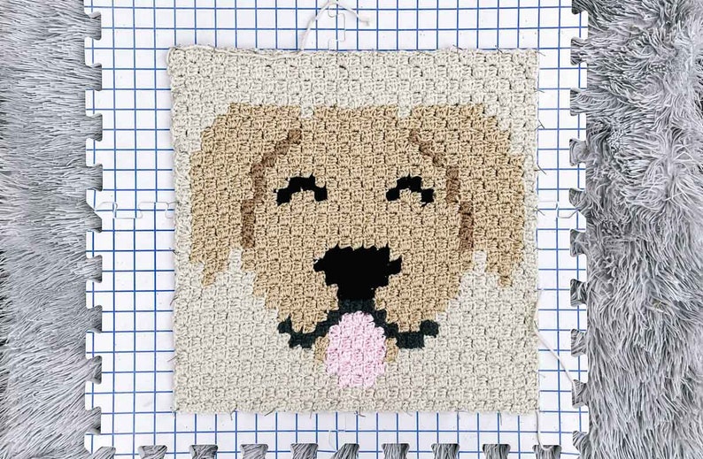A golden retriever c2c crochet square pinned on a block with T-pins.