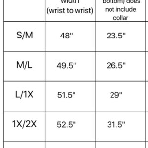 May include: A size chart for a cardigan showing the cardigan width in inches from wrist to wrist and the cardigan length in inches from shoulder to bottom, excluding the collar. Sizes range from S/M to 2X/3X.