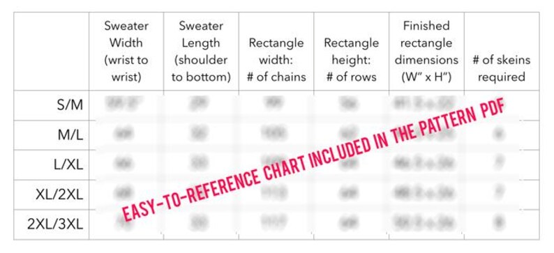 Table with sizing details.