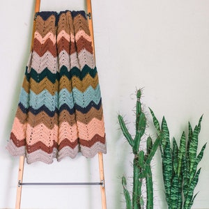 May include: A multi-colored crocheted blanket draped over a wooden ladder with two potted plants, a cactus and a snake plant, in front of a white wall.