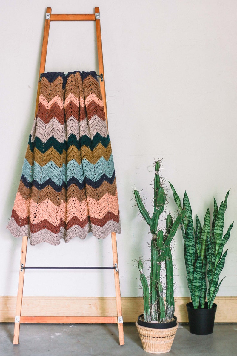 May include: A multi-colored crocheted blanket draped over a wooden ladder with two potted plants, a cactus and a snake plant, in front of a white wall.