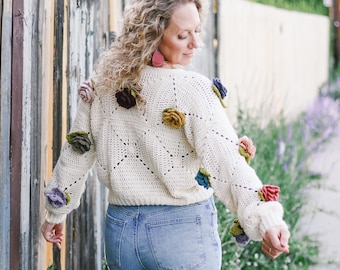 Crochet PATTERN & VIDEO / Crochet Flower Sweater / Rose Sweater / Flower Motif / Patchwork Pullover / Full Bloom Pullover Pattern PDF