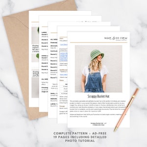A preview of the Scrappy Bucket hat crochet pattern PDF.