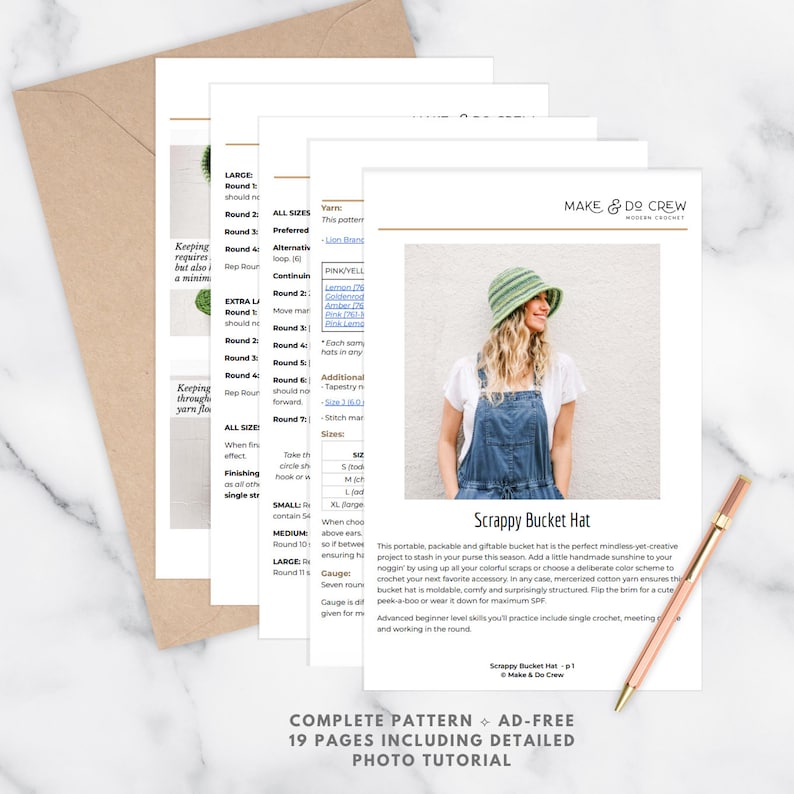 A preview of the Scrappy Bucket hat crochet pattern PDF.