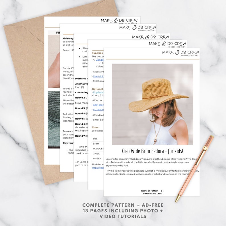 A preview of the Cleo Wide Brom Fedora for kids crochet pattern PDF.