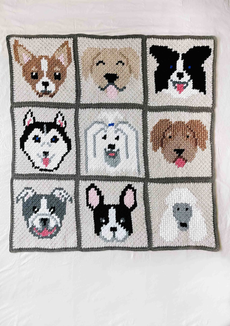 Nine grid c2c crochet dog blanket laid flat on a surface.