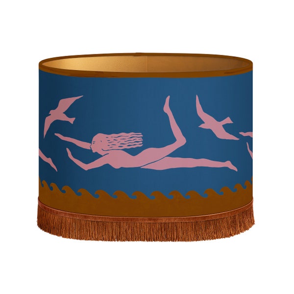 Lampshade Thalassa Dark Blue & Pink - Handmade - Organic cotton - Hand painted pattern print - Decorative - Lighting - Fabric - Fringes