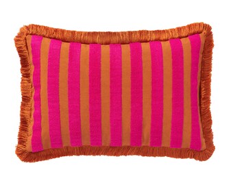 Cushion Jackie Rust & Fuchsia - 60x40 cm - Organic cotton - Handmade - Striped pattern print - Tufted - Fringes - Decorative pillow