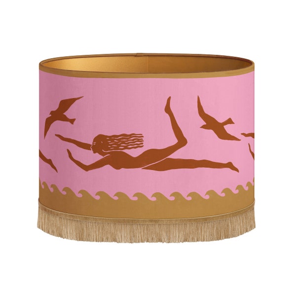 NEUER Lampenschirm Thalassa Pink & Spice – Handgemacht – Bio-Baumwolle – handbemalter Musterdruck – dekorativ – Beleuchtung – Stoff – Fransen