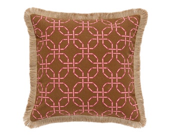 Decorative pillow Harper Spice & Pink - 50x50 cm - 100% organic cotton canvas - jute fringes