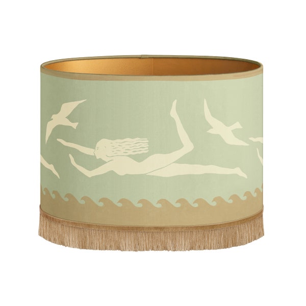 Lampshade Thalassa Dusty Green & Sand - Handmade - Organic cotton - Hand painted pattern print - Decorative - Lighting - Fabric - Fringes