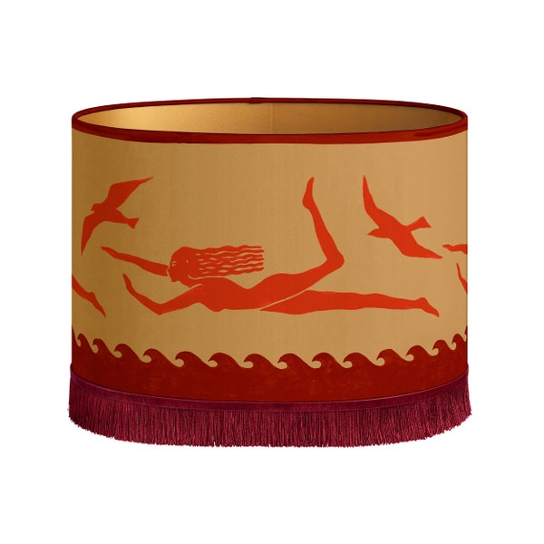 NEW Lampshade Thalassa Chili & Caramel - Handmade - Organic cotton - Hand painted pattern print - Decorative - Lighting - Fabric - Fringe