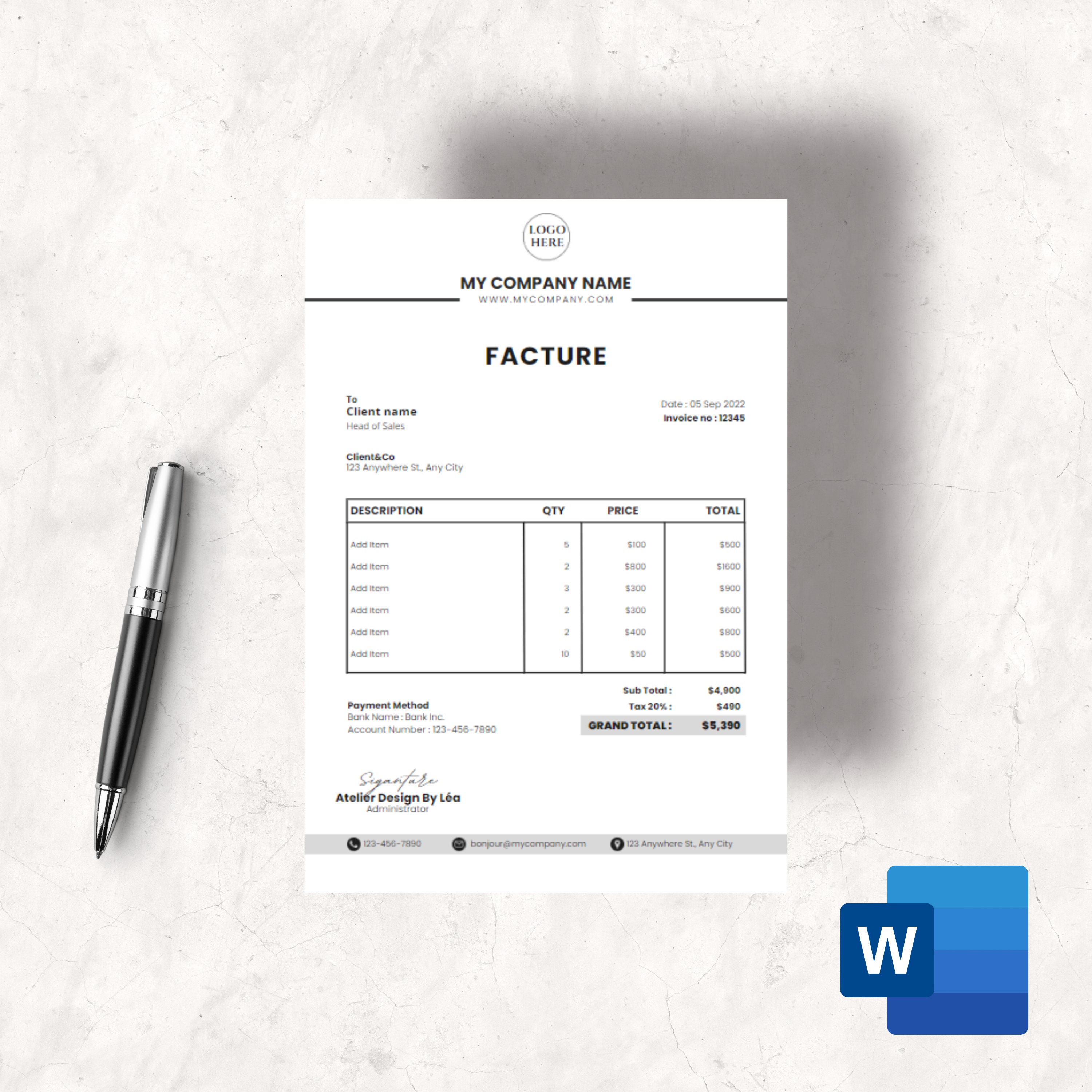 Invoice Word Template Editable Microsoft Word Template - Etsy