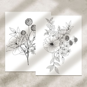 Coloring Pages Flowers #1 | Flower Bouquets | Printable Download | Floral Illustrations | Coloring Pages for Adults Kids | Line Art Drawings