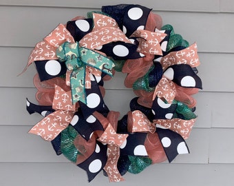 Beach wreath, anchor wreath, peach, teal, navy, front door wreath, outdoor reach, indoor wreath, beach house, lake house, spring wreath,