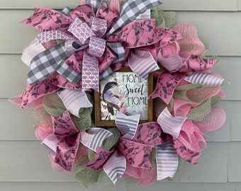 Front door wreath, door wreath, bird wreath, pink door, pink front door decor, front door decor, wreath, front door, spring wreath, spring