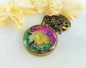 Purple Amethyst And Yellow Citrine Combined With Real Dried Flowers And Color Foils In Resin And Stainless Steel Bezel