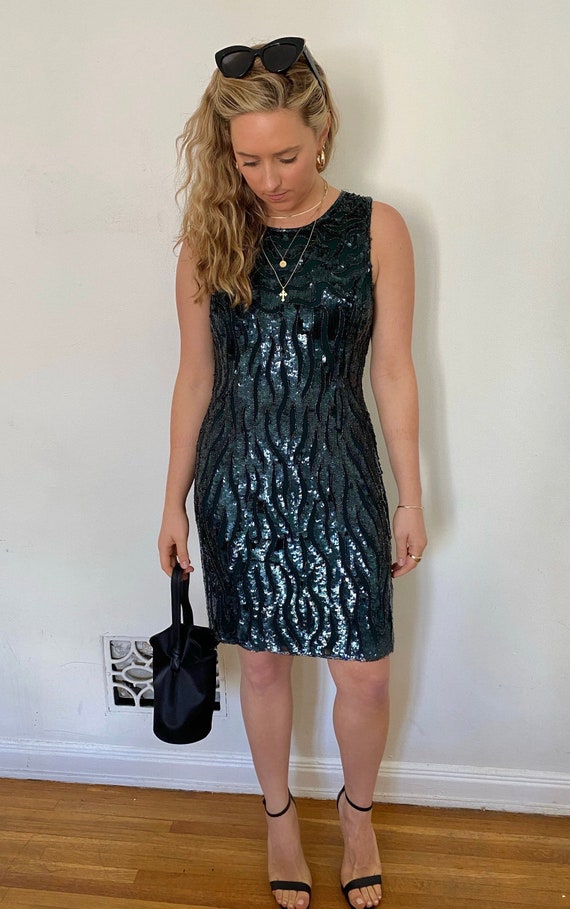 Vintage 60s Sequin Forest Green Cocktail Dress, Si