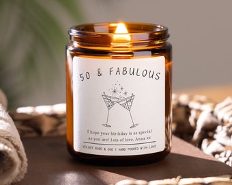 Personalised 50th Birthday Soy Wax Scented Candle Gift - Fifty and Fabulous Birthday Gifts for Women